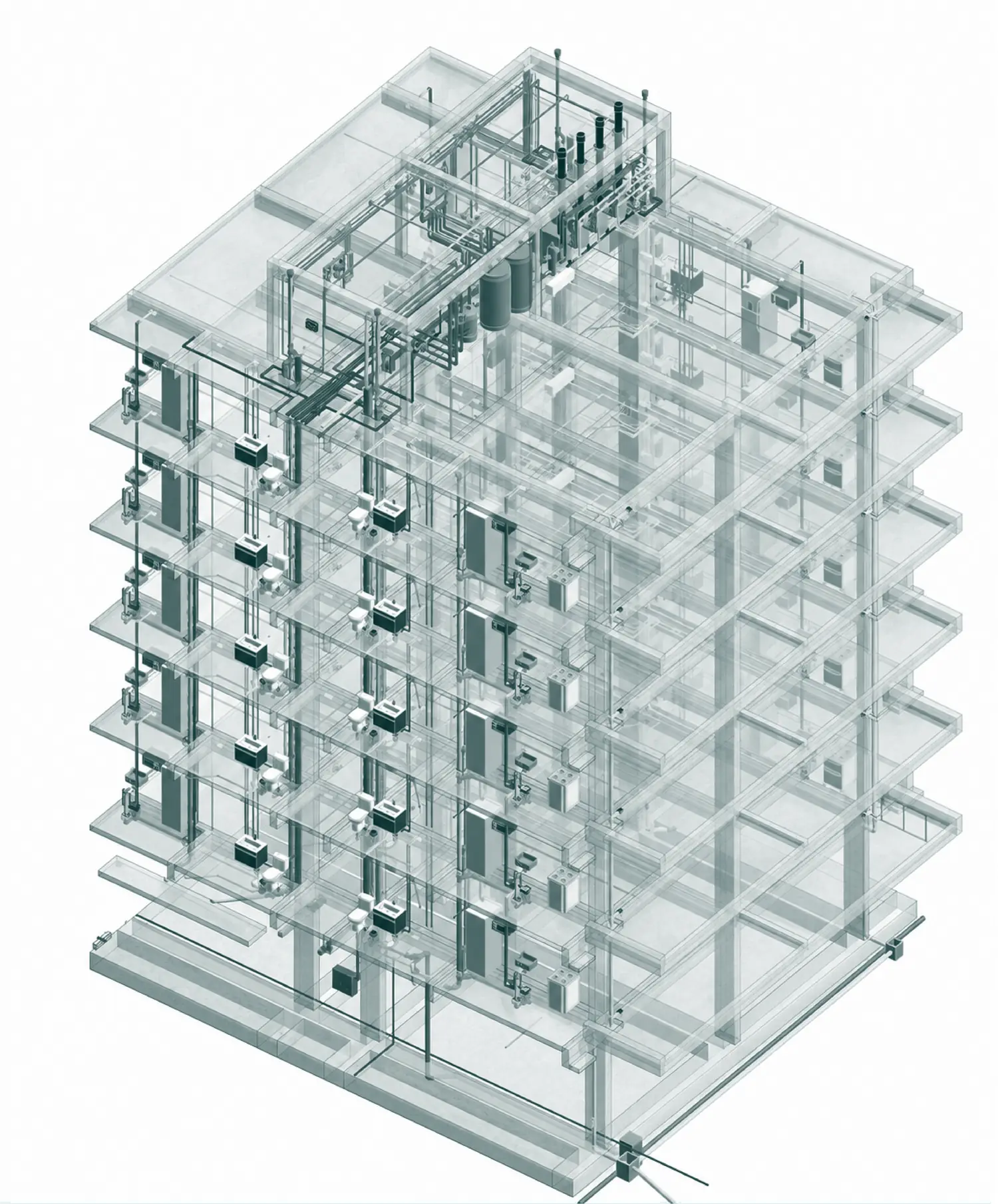 Axonometría MEP de un edificio modelado en BIM por Estudio BIMA en Neuquén