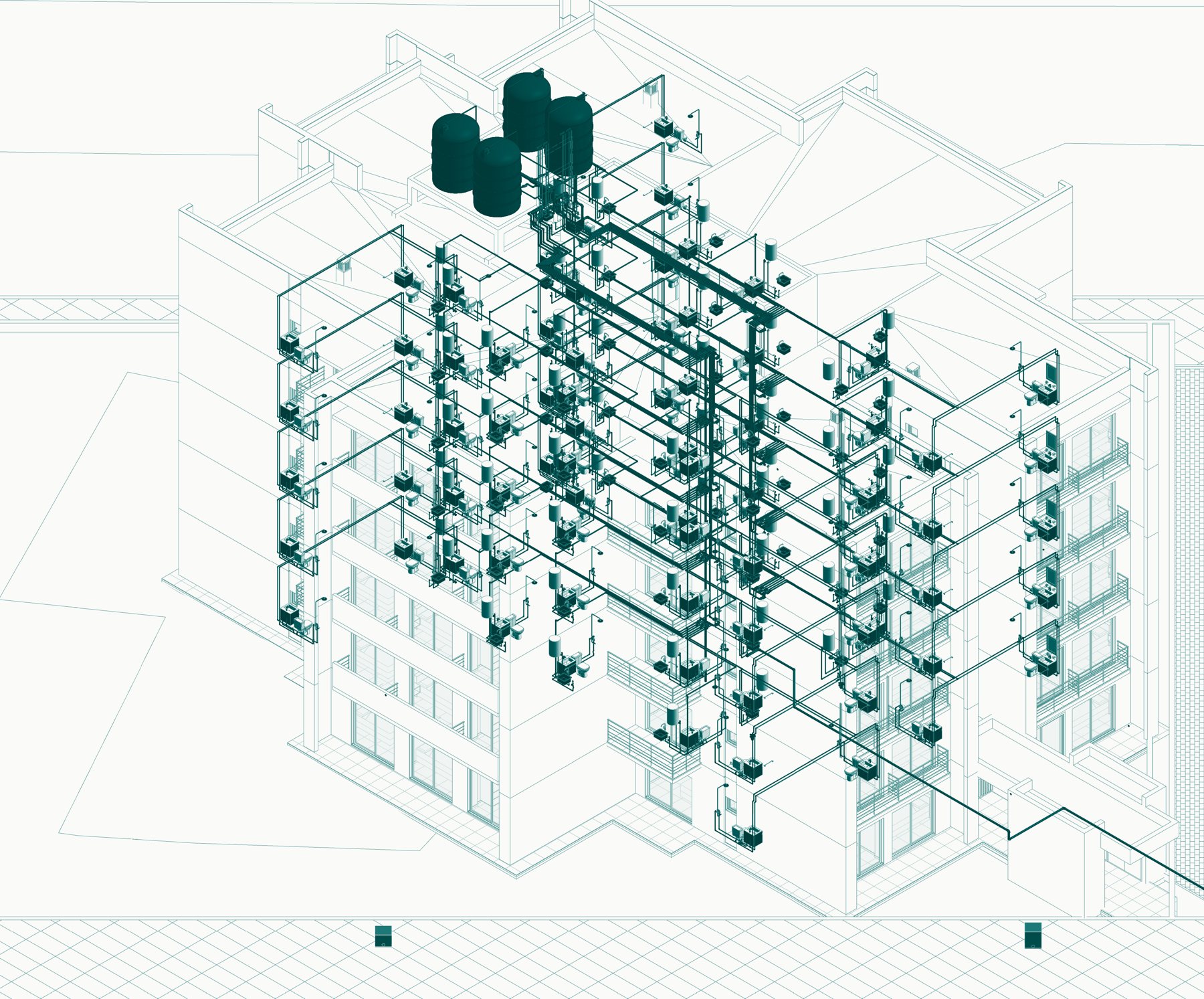 Axonometría de las instalaciones de un edificio modelado en BIM, en duotono verde