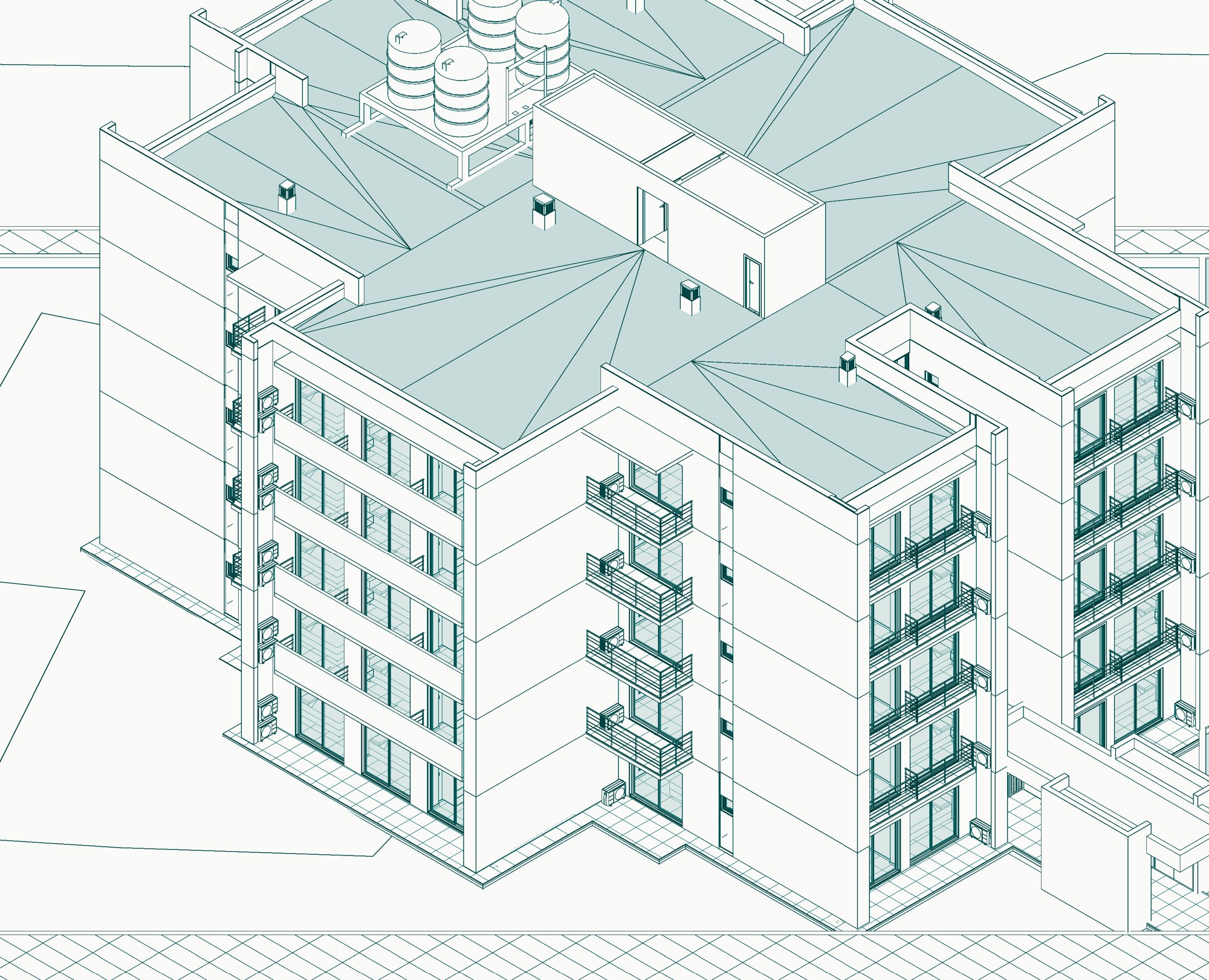 Edificio modelado en BIM, en axonometría de líneas